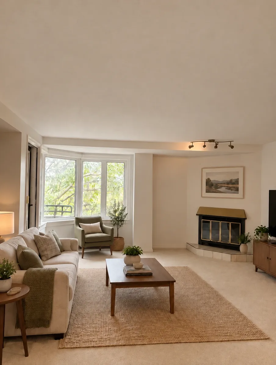 1350 Oxford Street: Living room with fireplace and bay window